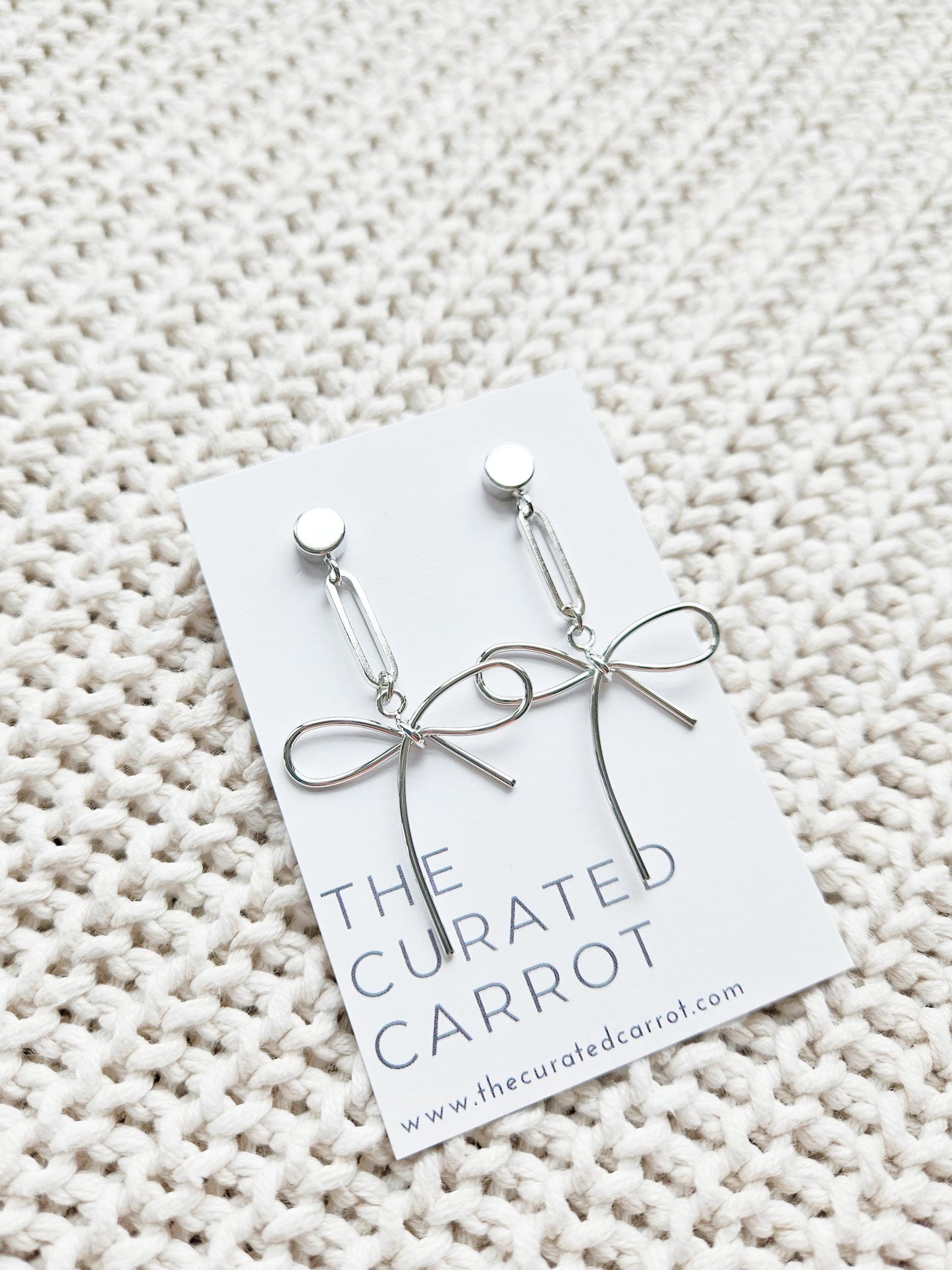 Silver Bow Statement Earrings / Modern Geometric Bow Earrings / Dangle Drop Bows / Bow Gift for Her