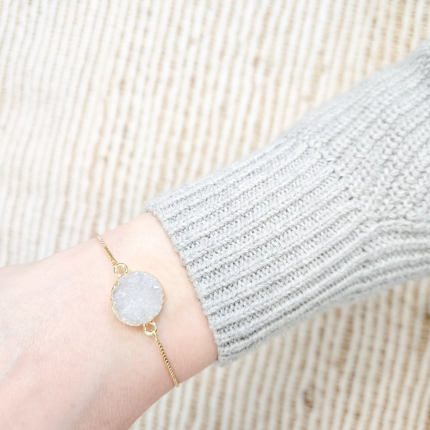 Adjustable Round Druzy Quartz Crystal Bracelet