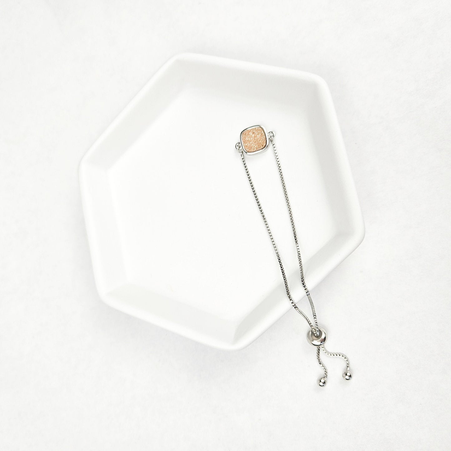 Adjustable Beige Druzy Quartz Crystal Silver Bracelet