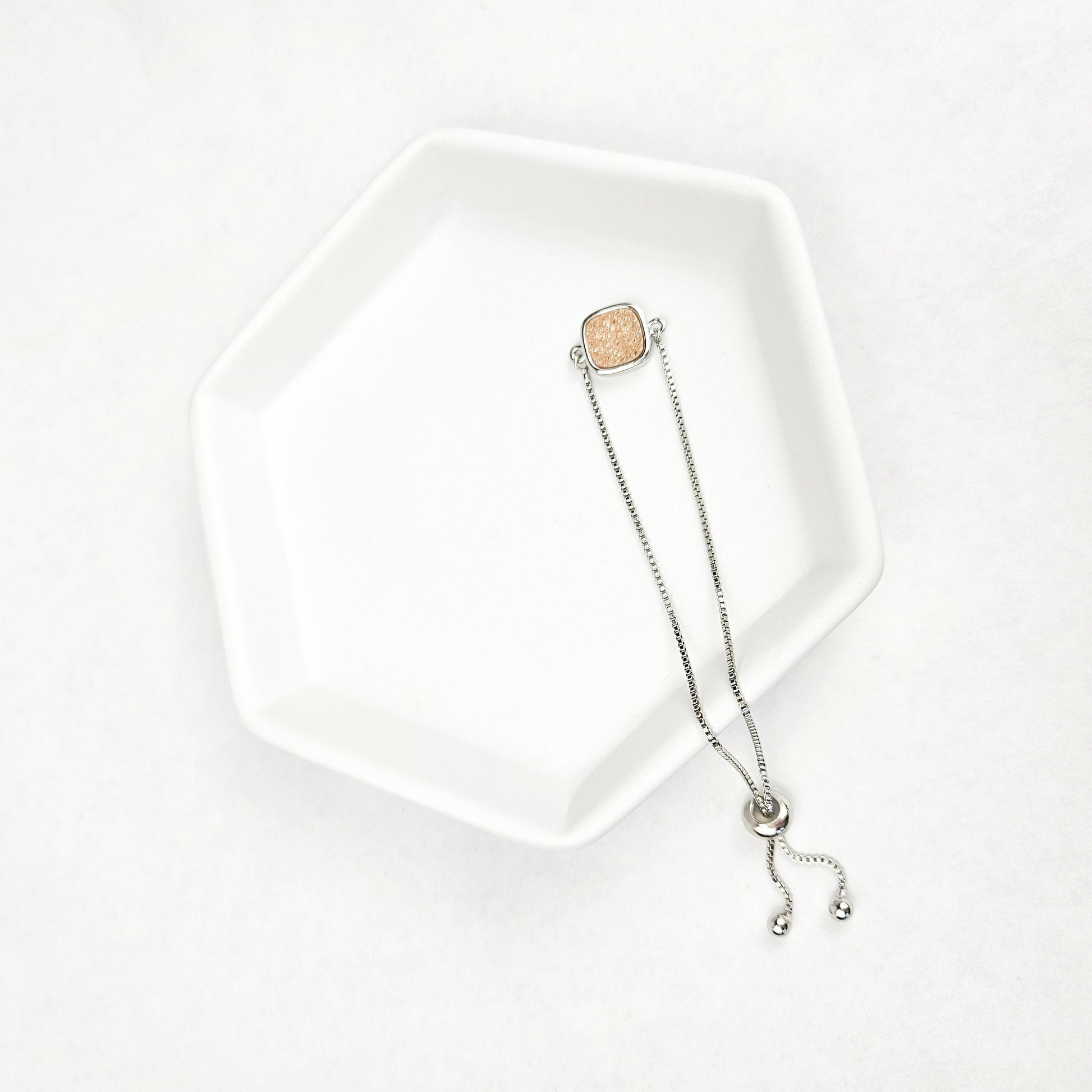 Adjustable Beige Druzy Quartz Crystal Silver Bracelet