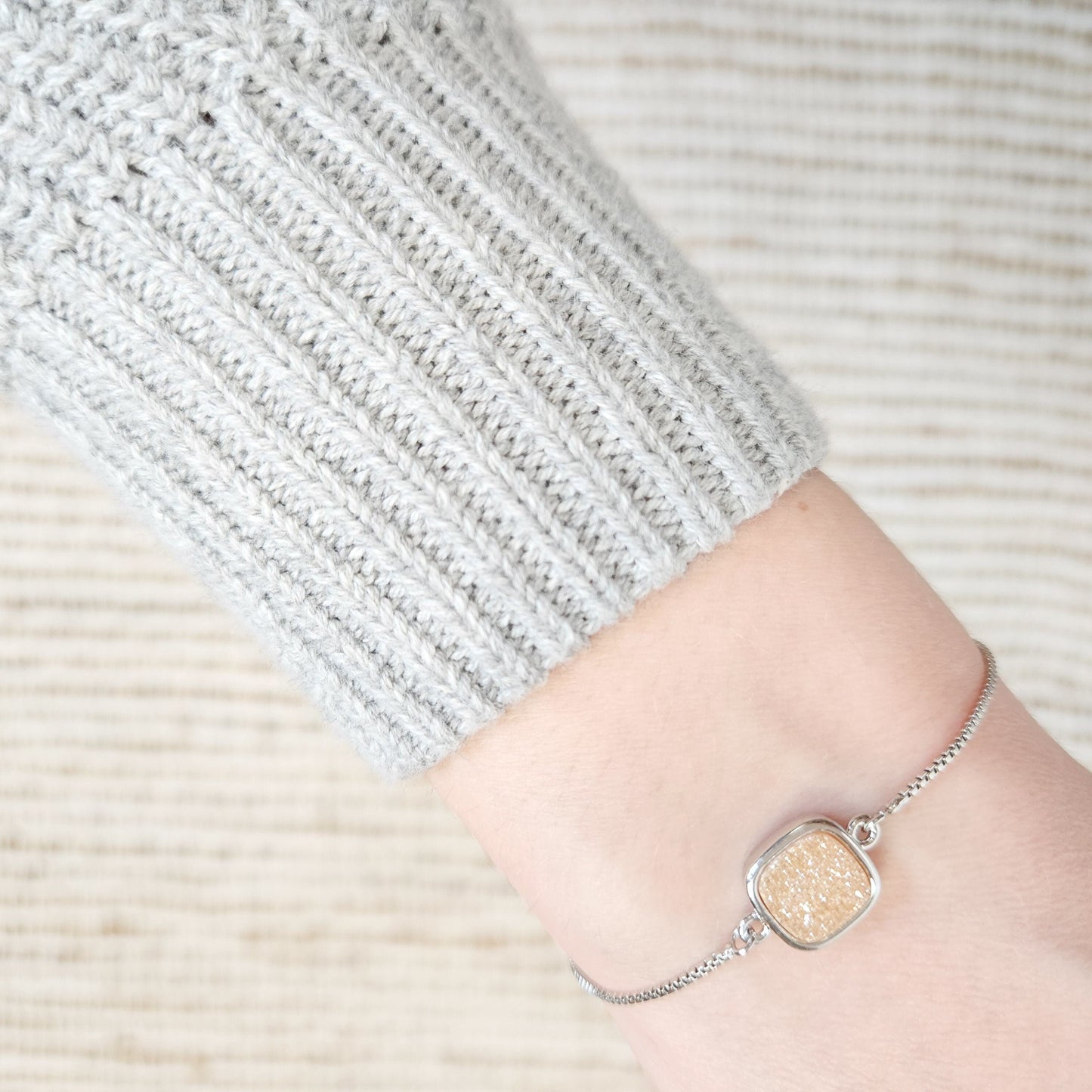 Adjustable Beige Druzy Quartz Crystal Silver Bracelet