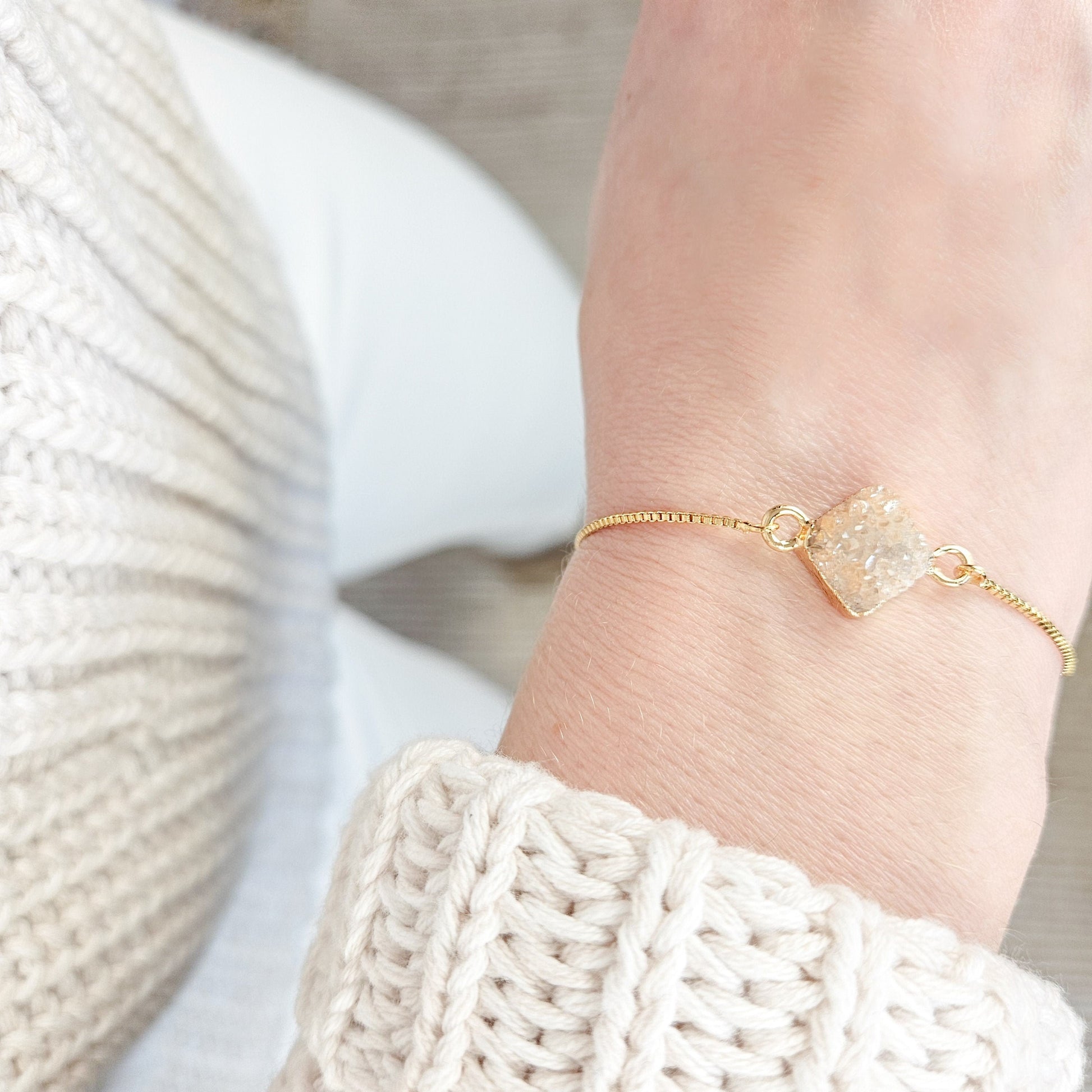 Adjustable Beige Druzy Quartz Crystal Bracelet