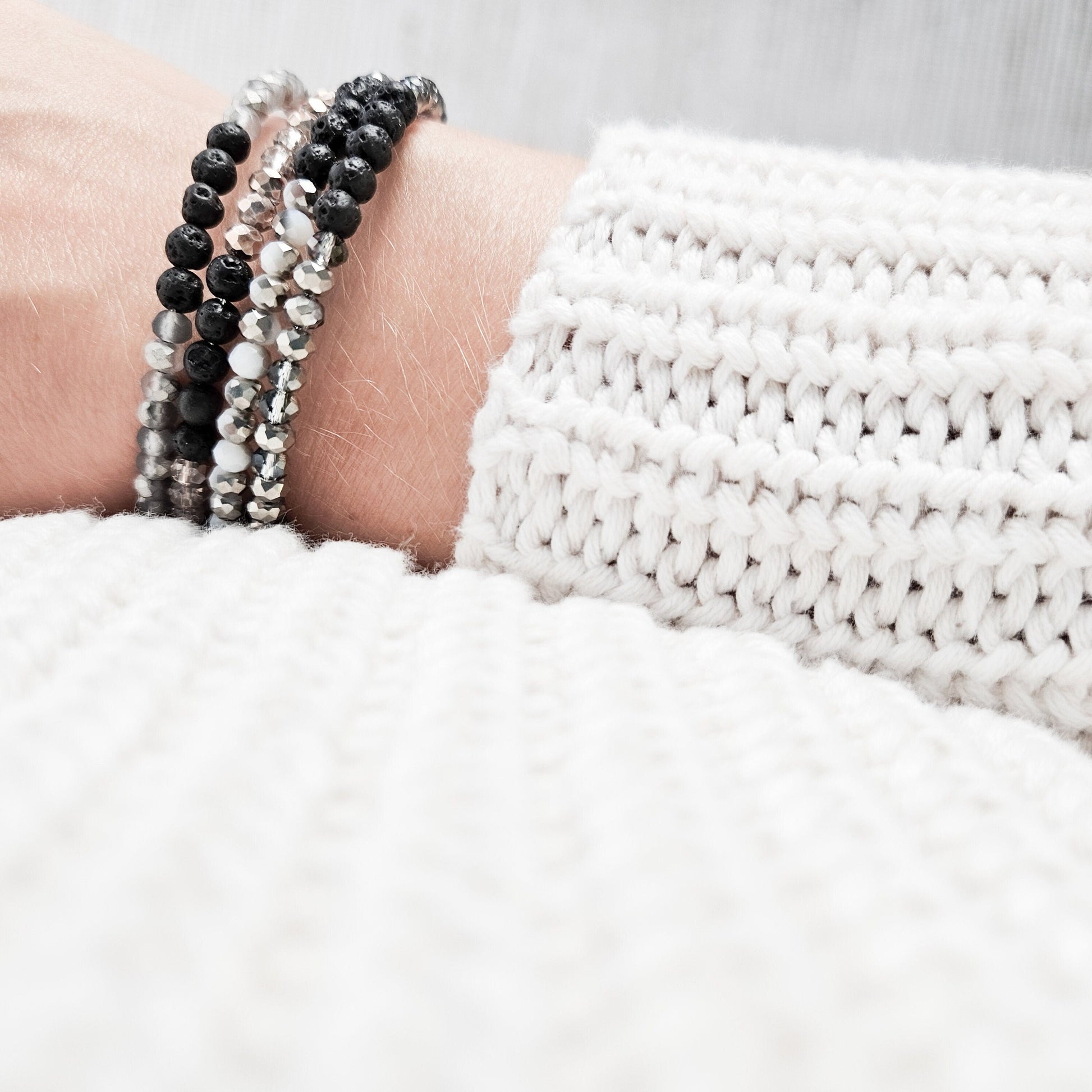 Glass + Lava Silver Bangle Bracelet Set