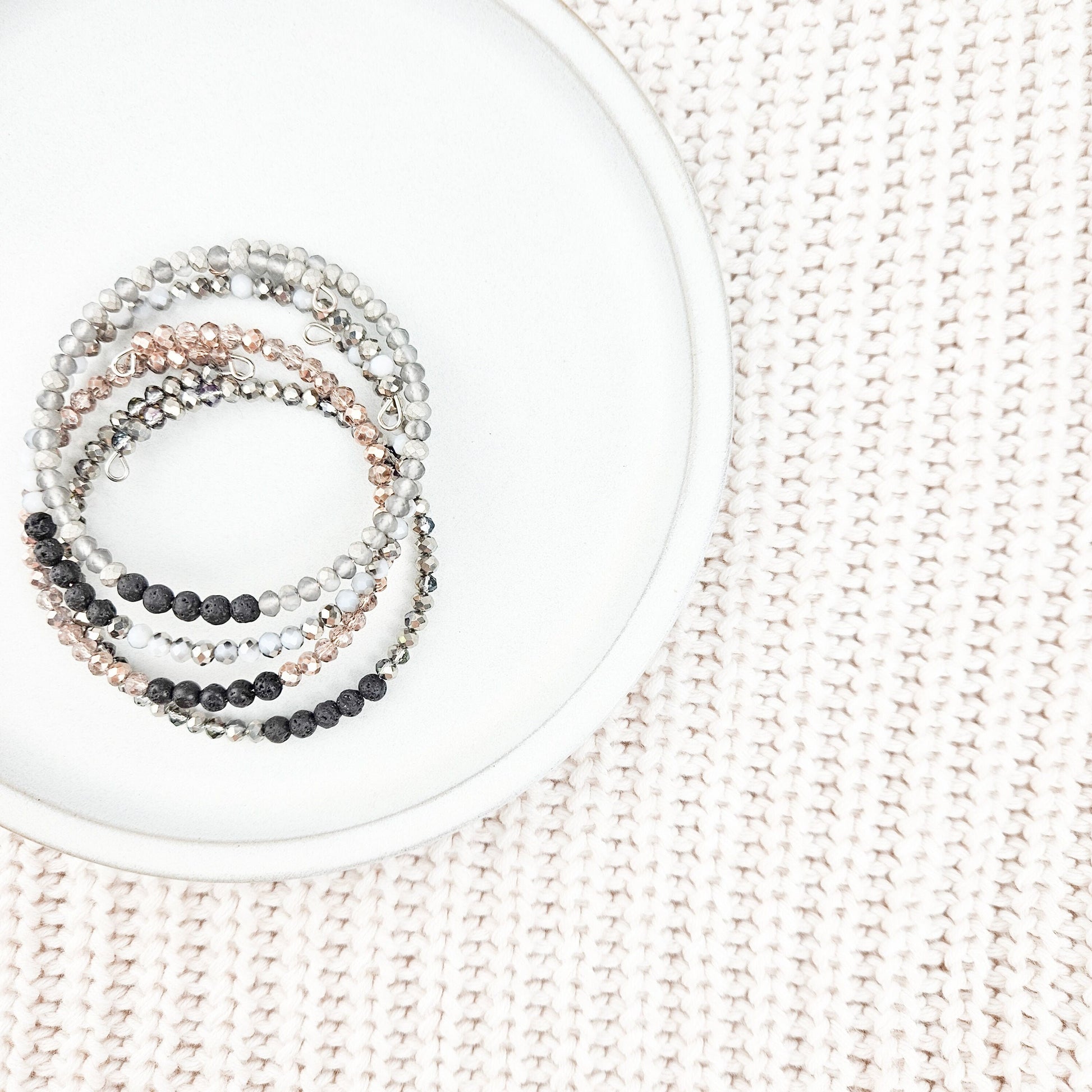 Glass + Lava Silver Bangle Bracelet Set
