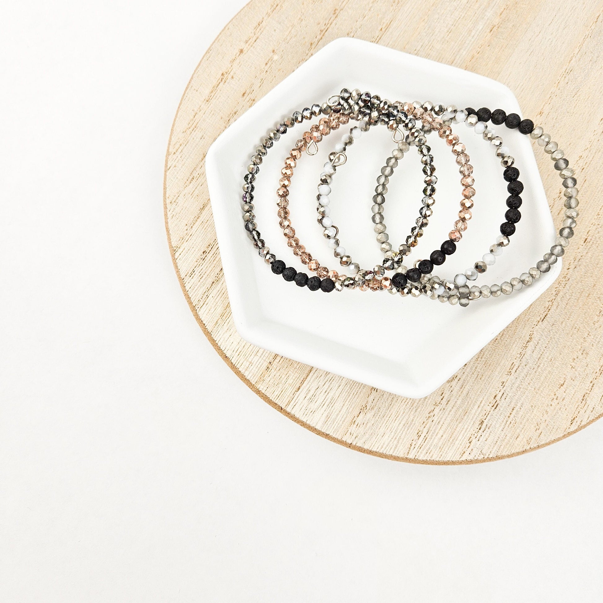 Glass + Lava Silver Bangle Bracelet Set