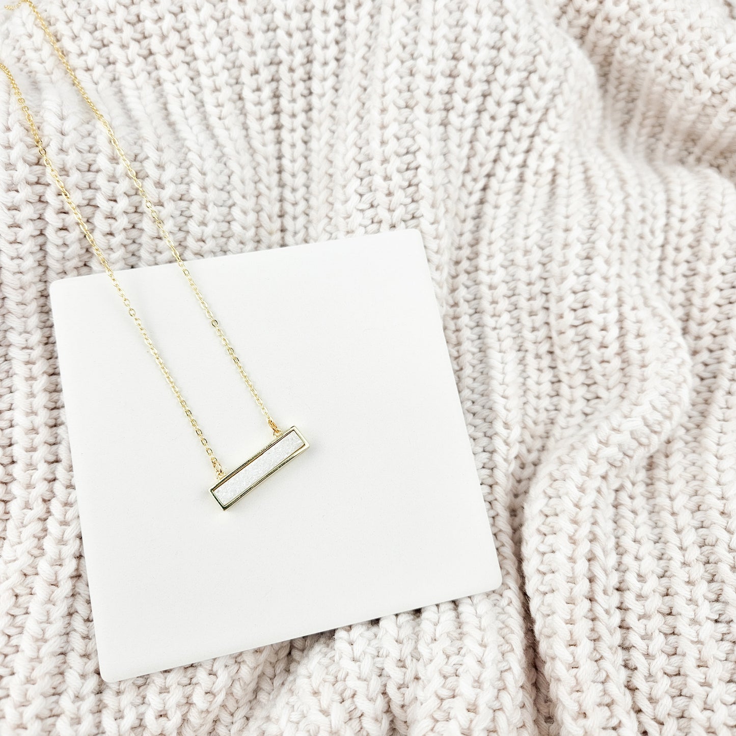 Dainty White Druzy Bar Gold Necklace