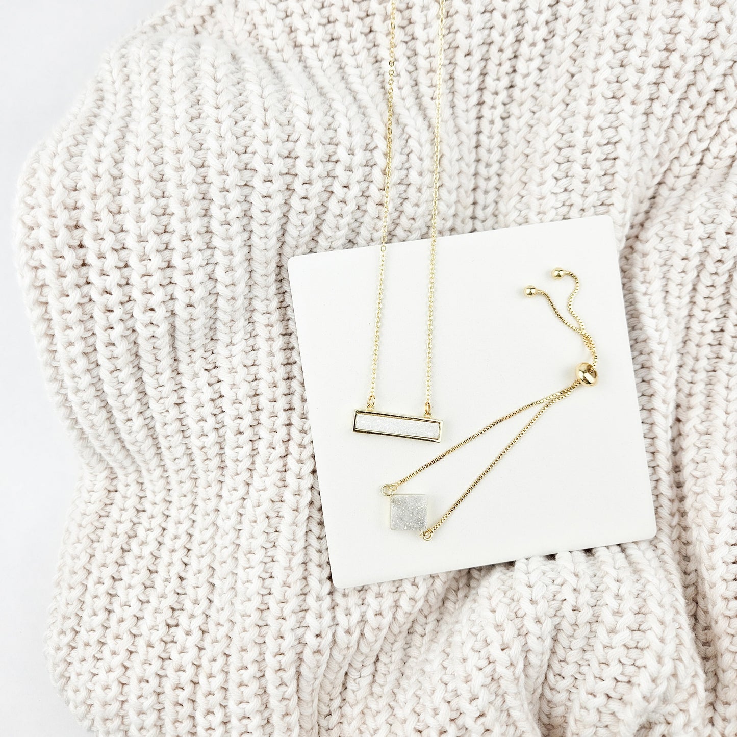 Dainty White Druzy Bar Gold Necklace