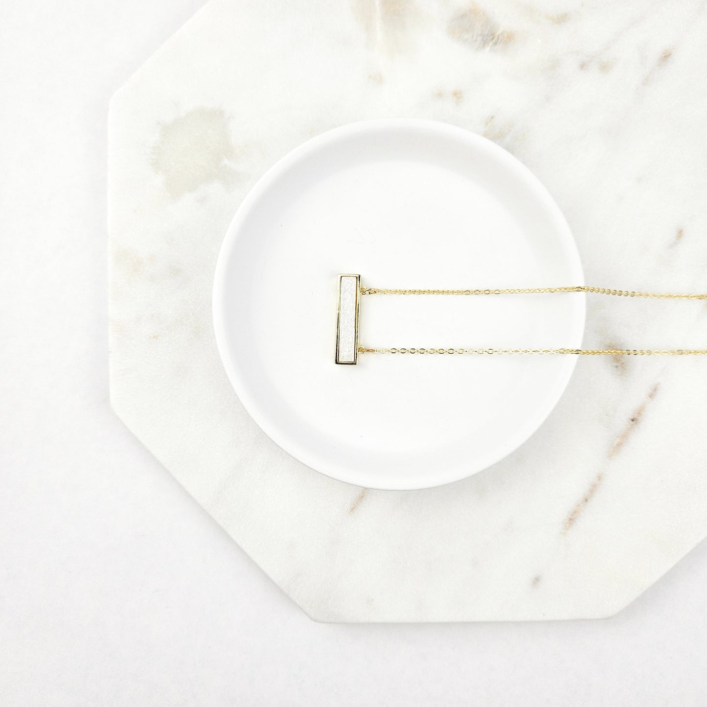 Dainty White Druzy Bar Gold Necklace
