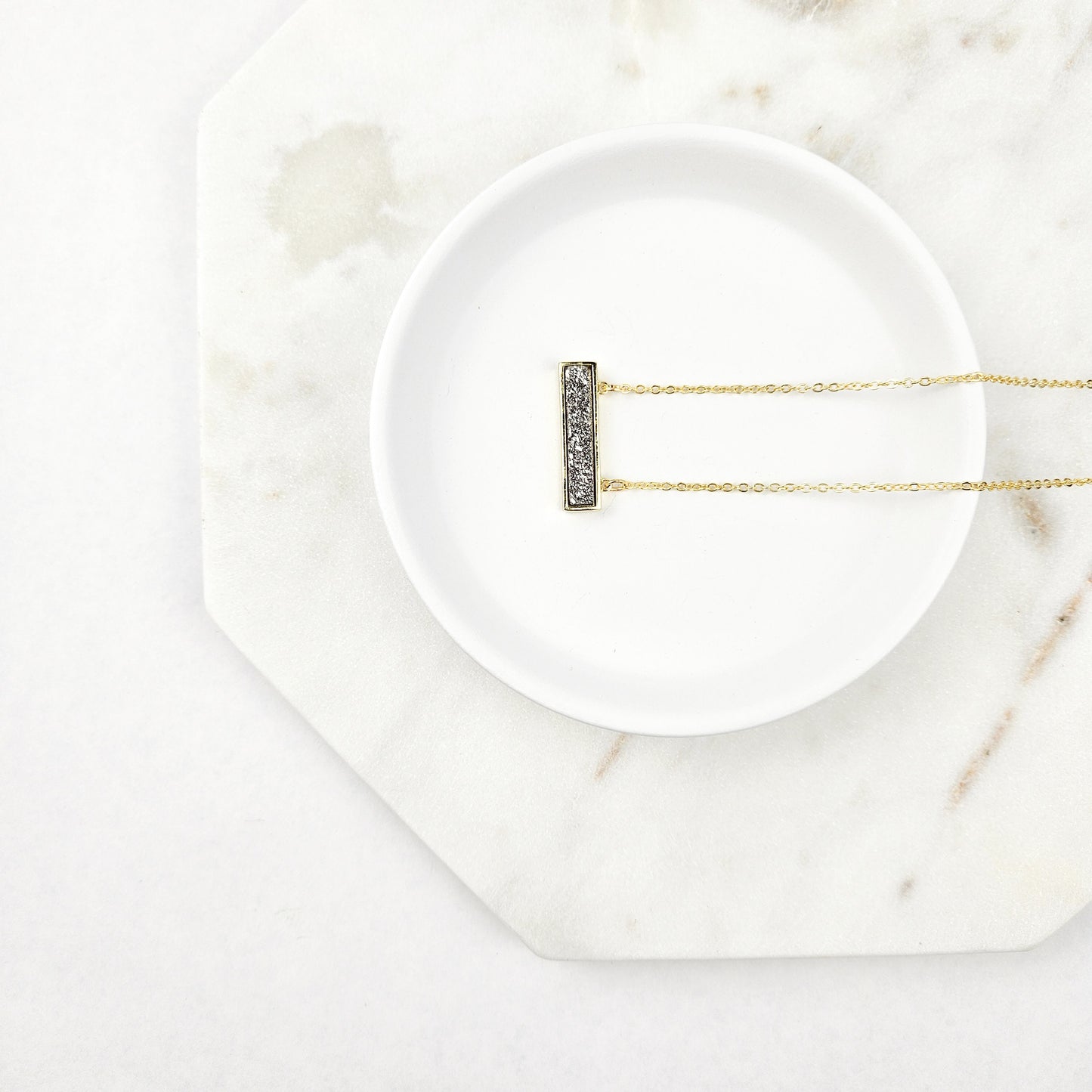 Dainty Silver Druzy Bar Gold Necklace