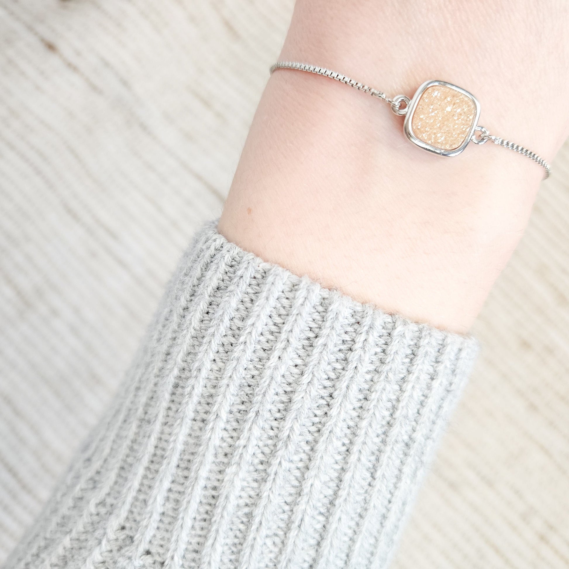 Adjustable Beige Druzy Quartz Crystal Silver Bracelet