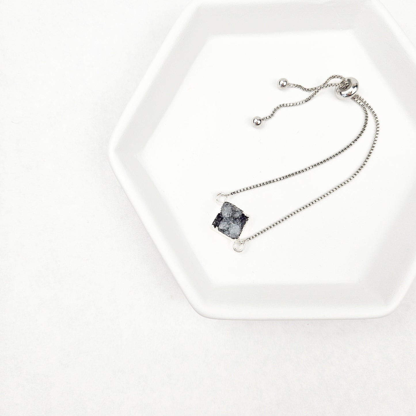 Adjustable Smoky Quartz Druzy Crystal Silver Bracelet