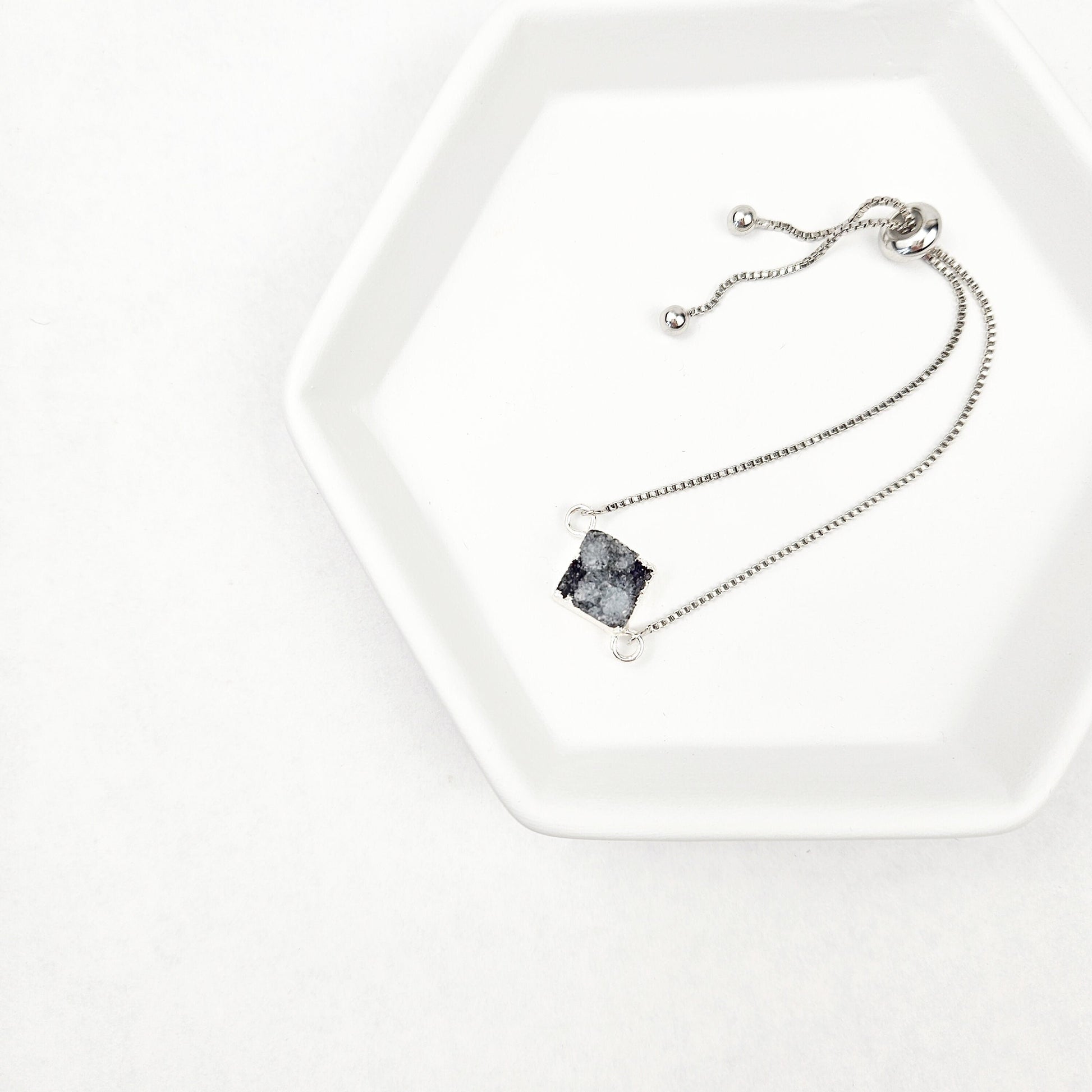 Adjustable Smoky Quartz Druzy Crystal Silver Bracelet
