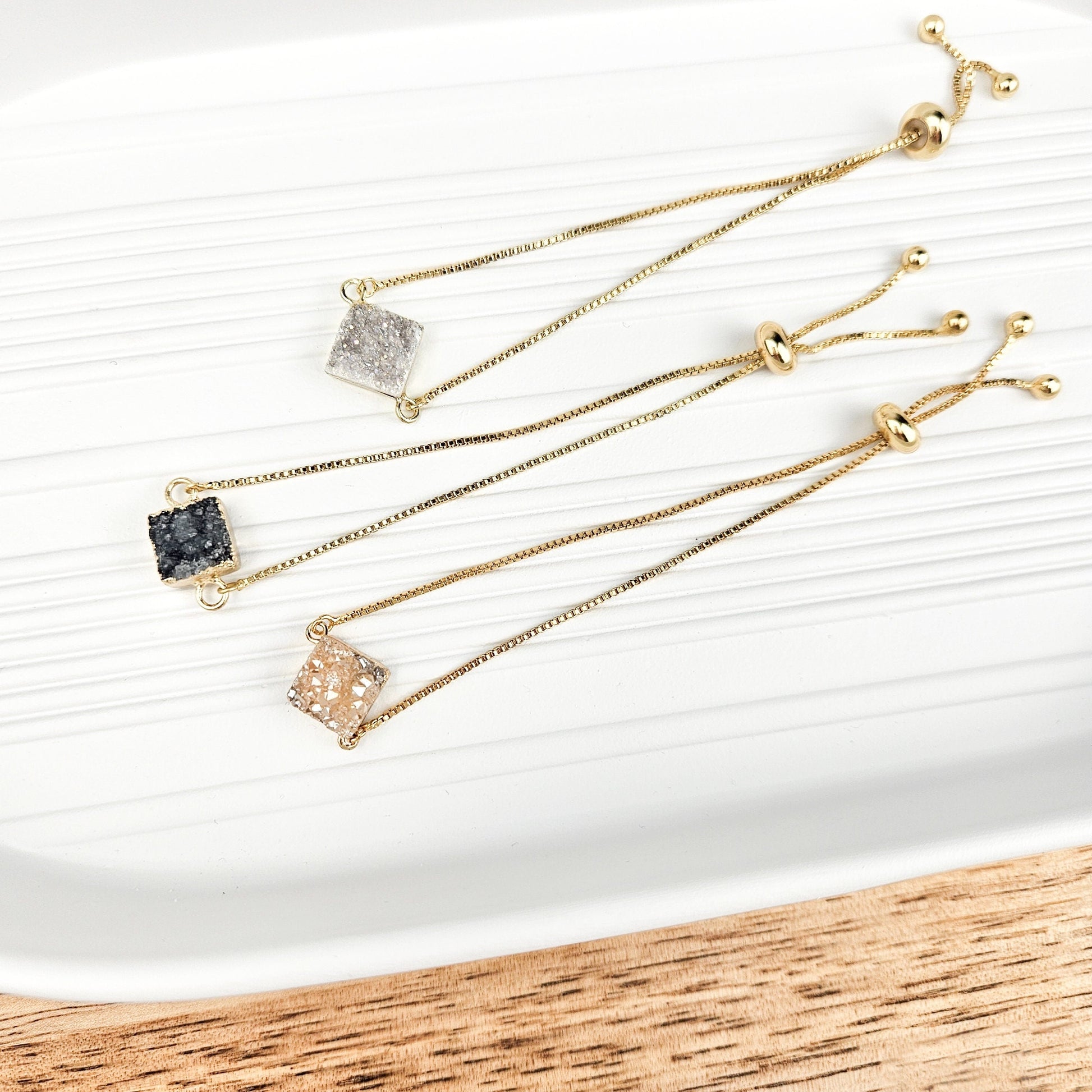 Adjustable Beige Druzy Quartz Crystal Bracelet