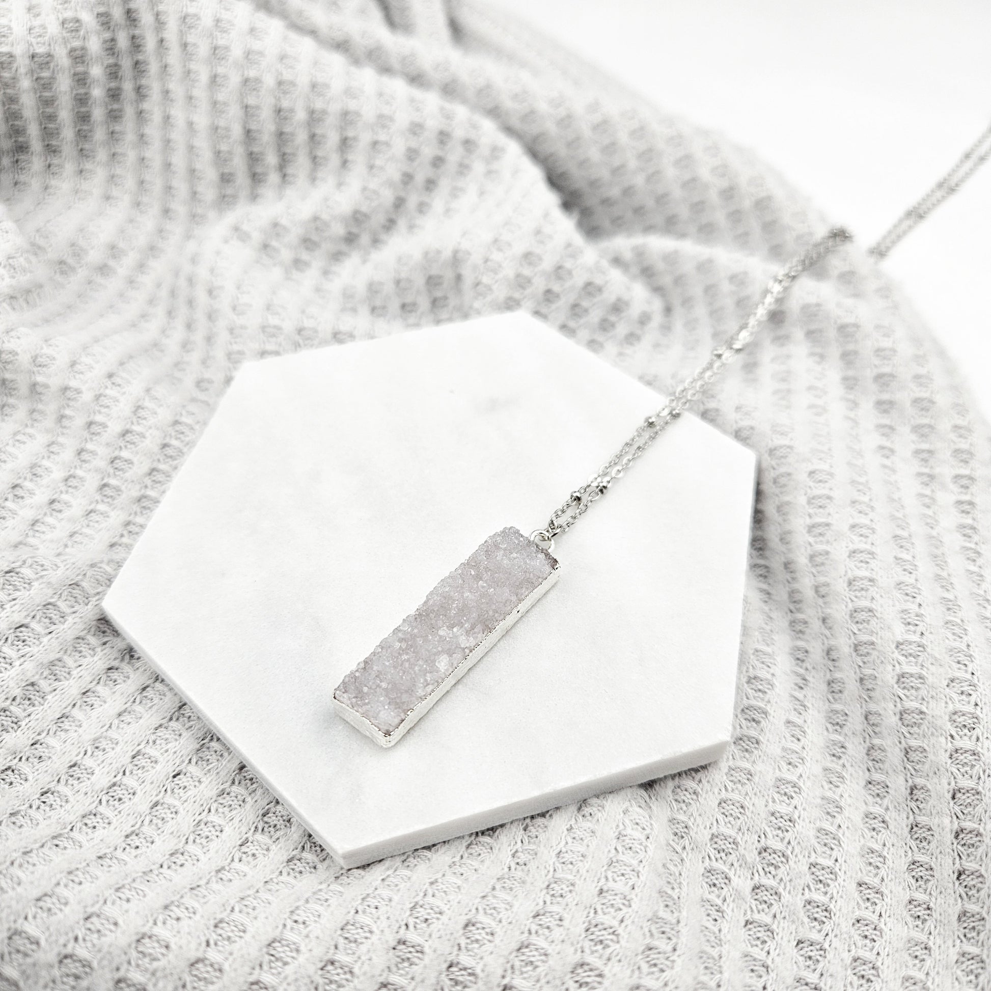 Druzy Quartz Bar Silver Necklace