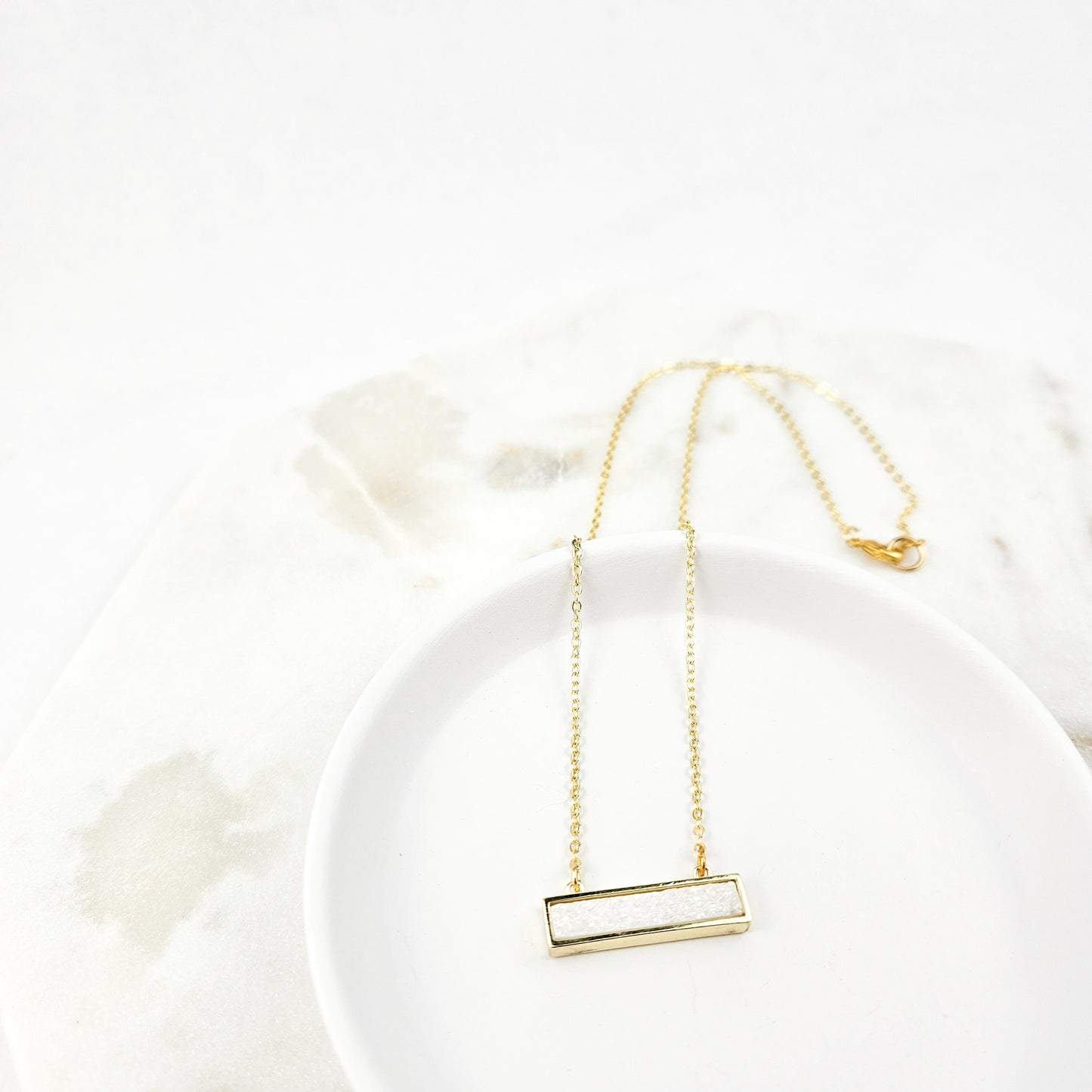 Dainty White Druzy Bar Gold Necklace