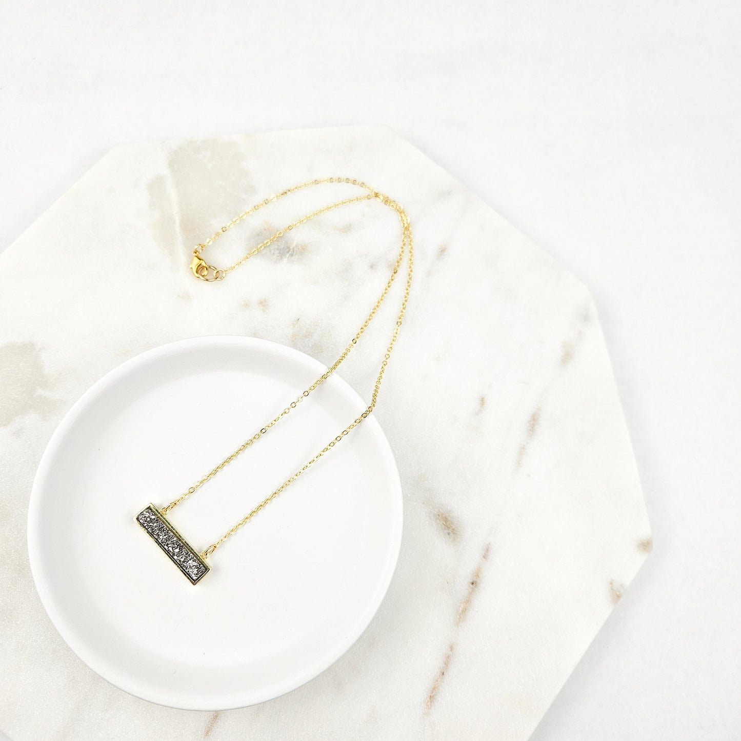 Dainty Silver Druzy Bar Gold Necklace