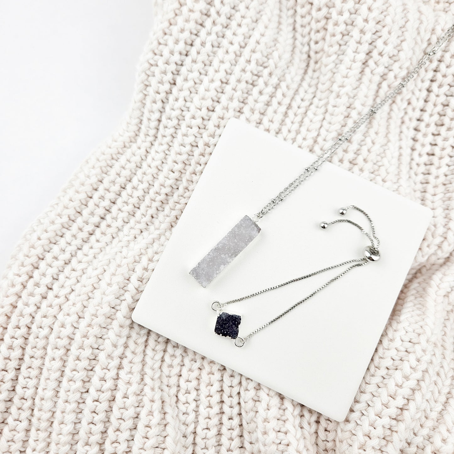 Druzy Quartz Bar Silver Necklace