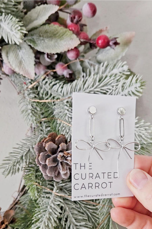 Silver Bow Statement Earrings / Modern Geometric Bow Earrings / Dangle Drop Bows / Bow Gift for Her