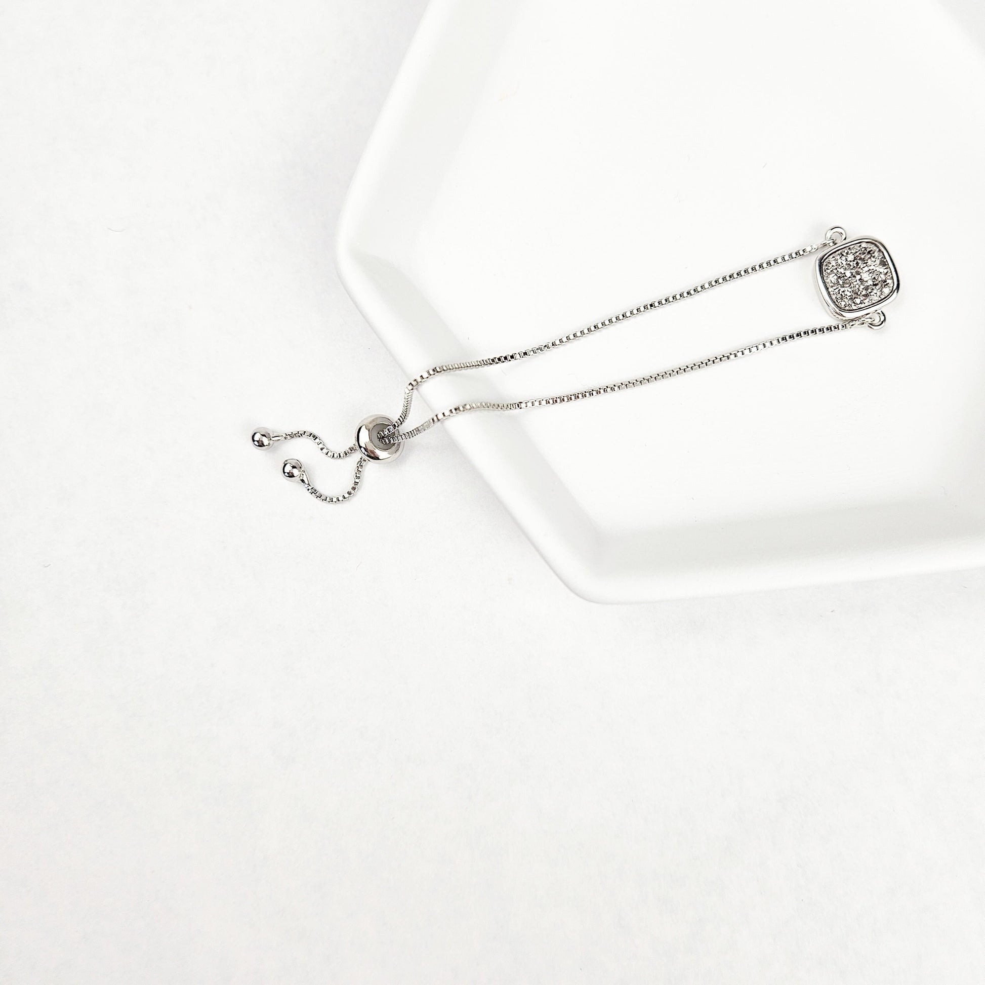 Adjustable Silver Druzy Quartz Crystal Bracelet