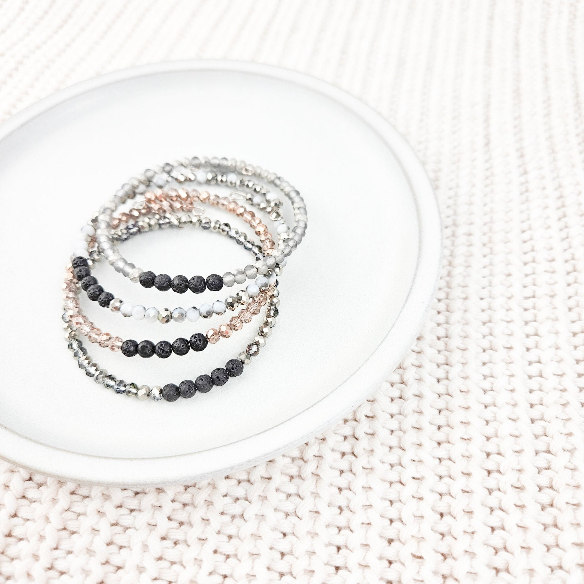 Glass + Lava Silver Bangle Bracelet Set