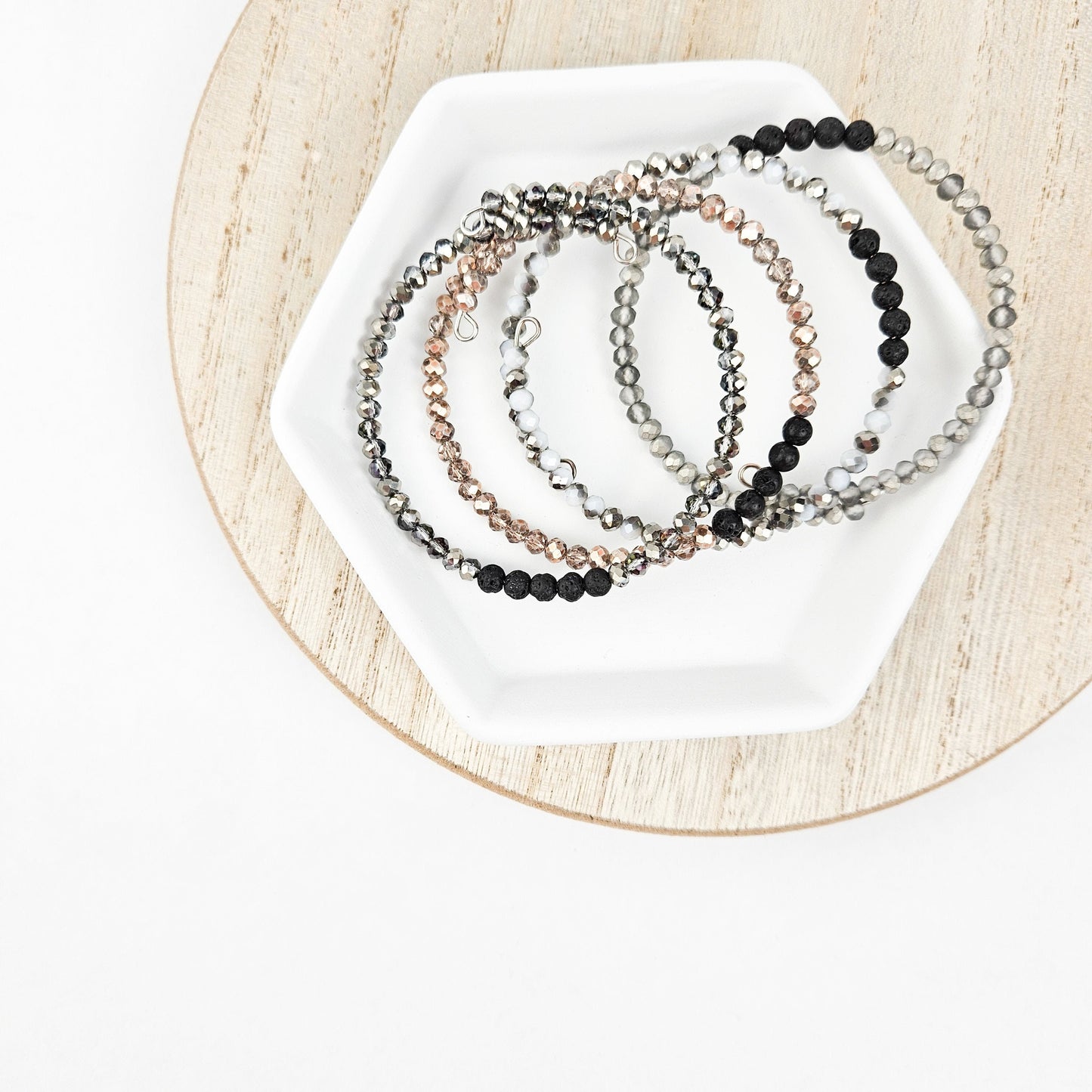 Glass + Lava Silver Bangle Bracelet Set