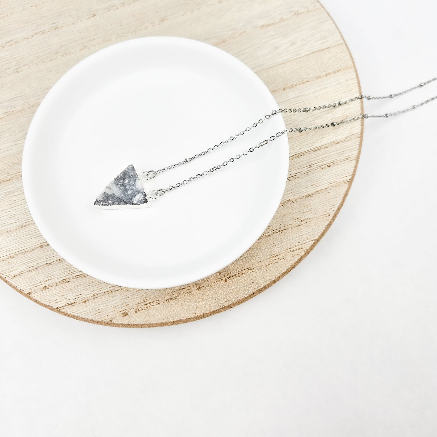 Druzy Quartz Triangle Silver Necklace