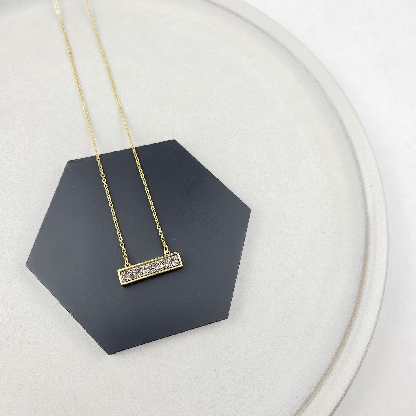 Dainty Silver Druzy Bar Gold Necklace